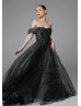 Off Shoulder Black Pleated Tulle Wedding Dress